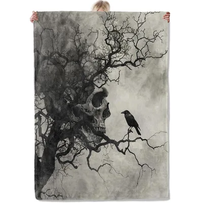 Gothic Skull and Raven Tree Blanket Dark Art Design