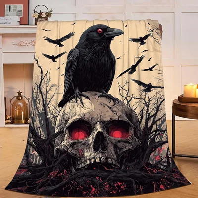 Crow Perched on Red-Eyed Blanket: Gothic Skull Art for Dark Aesthetics