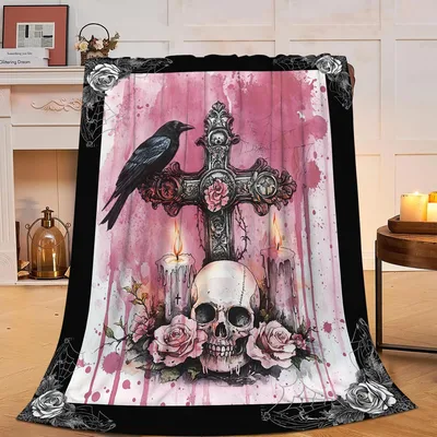 Gothic Skull Cross Blanket: Ornate Cross, Crow, and Pink Roses