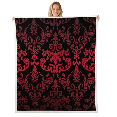 Red Gothic Damask Pattern Blanket: Dark Floral Art for Vintage Lovers