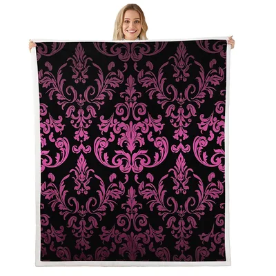Hot Pink Gothic Damask Blanket: Baroque Floral Pattern on Black