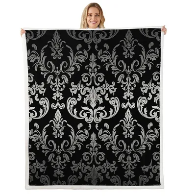 Black Gothic Damask Pattern Blanket: Vintage Baroque Floral Design