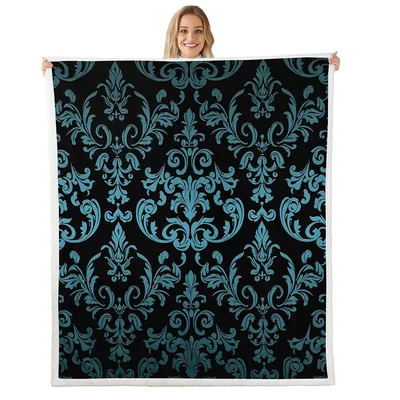 Teal Gothic Damask Pattern Blanket for Vintage Decor Lovers
