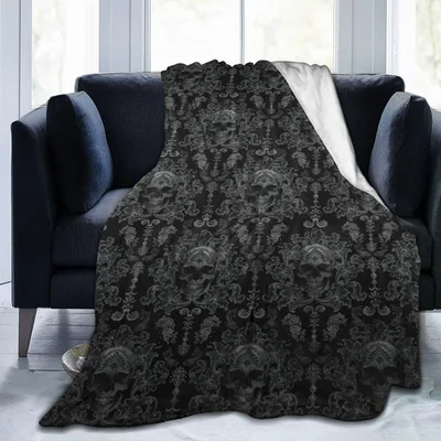 Black Skull Pattern Blanket: Gothic Damask Design for Dark Interiors