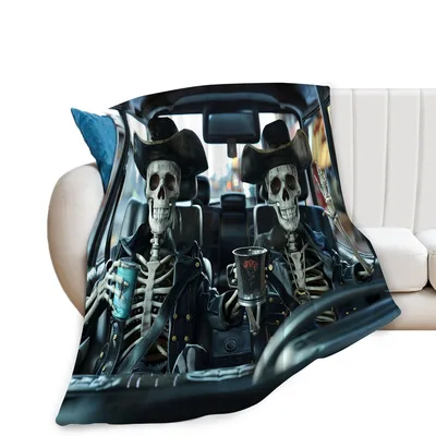 Skeletons Riding in Car Blanket: Gothic Skulls in Leather Jackets