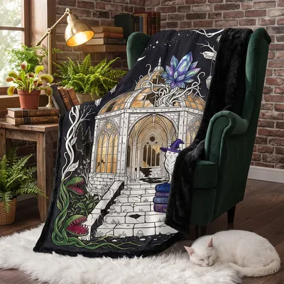 Witchy Gothic Castle Scene Blanket: A Whimsical Cat and Crystal Design