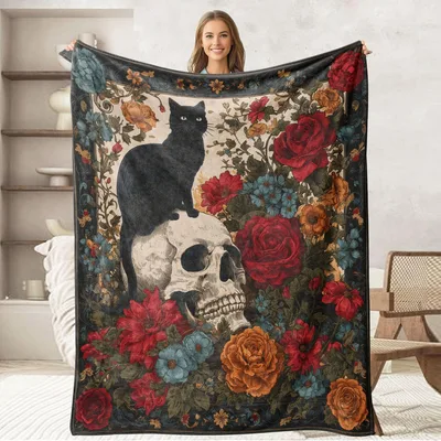 Black Cat on Skull with Roses Blanket