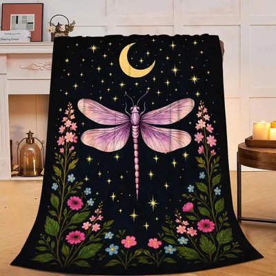 Gothic Dragonfly Night Garden Blanket: Moonlit Insect Art