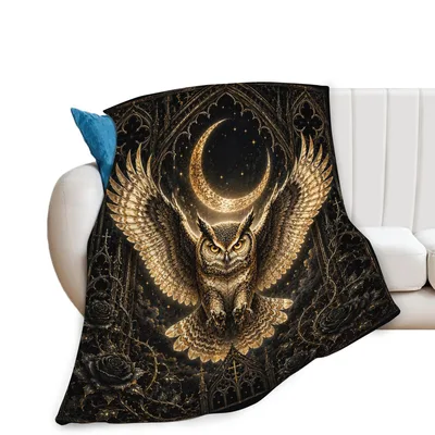 Gothic Golden Owl Crescent Blanket: Dark Academia Owl Art