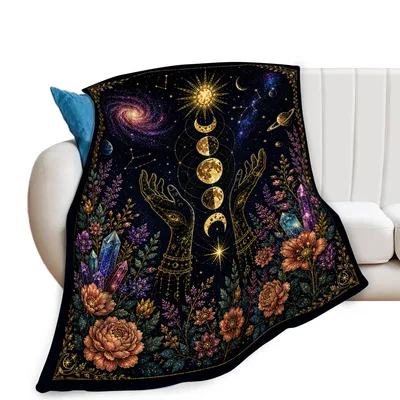 Moon Celestial Witchy Floral Blanket featuring golden hands