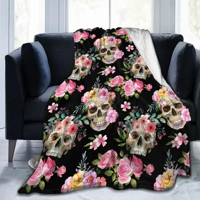 Goth Florals Skull Pattern Blanket: Dark Beauty with Pink Roses