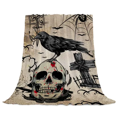 Raven Perched on Skull Blanket