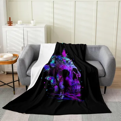 Purple Skull Blanket: Glowing Neon Art with Butterflies