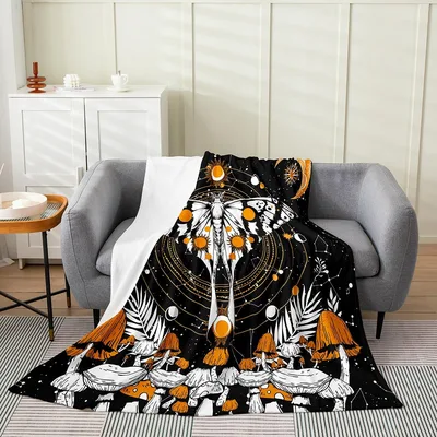 Sun and Moon Mushroom Blanket: Cosmic Fungi Art Design