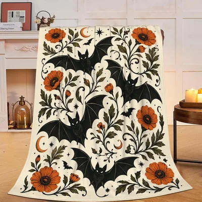 Gothic Bats and Orange Blanket: Dark Floral Art for Cozy Nights