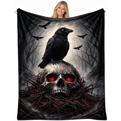 Raven on Skull Gothic Blanket: Dark Crow Perched on Glowing Skull