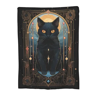 Tarot Moon Black Cat Blanket: Mystical Feline Art for Witchy Spaces