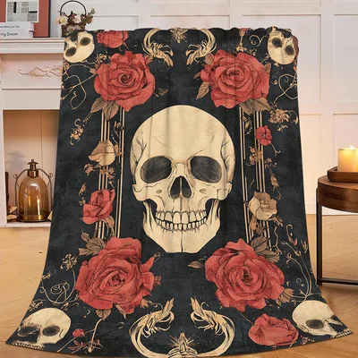 Skull and Red Roses Blanket