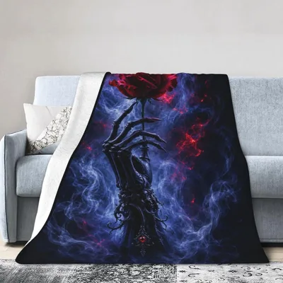 Dark Gothic Nebula Design Blanket: Skeletal Hand Holding a Red Rose