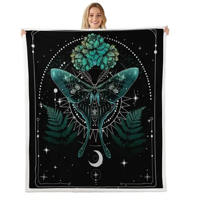 Gothic Moth Moon and Fern Blanket: Dark Nature Art for Night Lovers