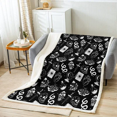 Gothic Skulls and Mushrooms Pattern Blanket for Dark Aesthetic Lovers