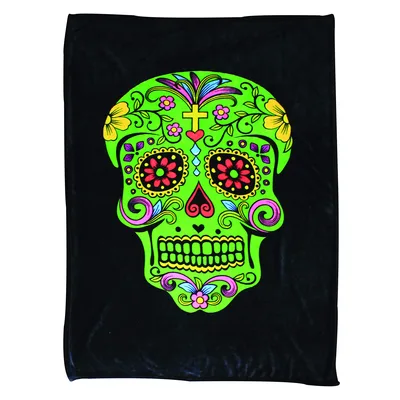 Green Sugar Skull Day Blanket: Vibrant Neon Art for Gothic Style