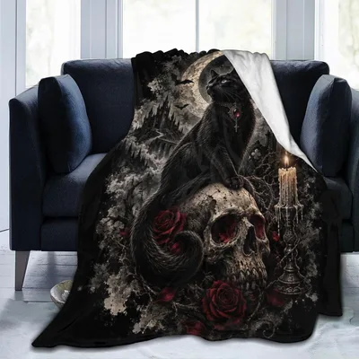Gothic Skull with Roses Blanket: Black Cat and Moon Design