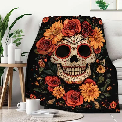 Sugar Skull with Roses Blanket: Gothic Floral Art for Home