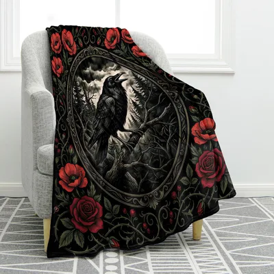 Raven in Red Roses Blanket: Gothic Crow and Floral Art Design