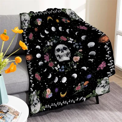 Skull Moon Phases Blanket: Gothic Skulls and Floral Wreath Design