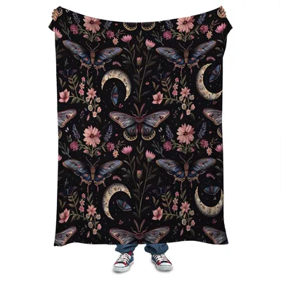 Moon Moth Dark Botanical Blanket: Mystical Night Garden Design