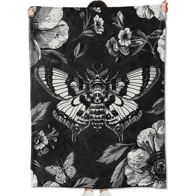 Gothic Moth and Skull Floral Blanket Dark Art Throw