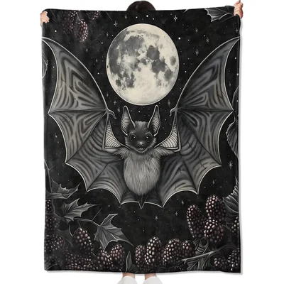 Gothic Bat Under Full Blanket: Spooky Moon and Berry Design