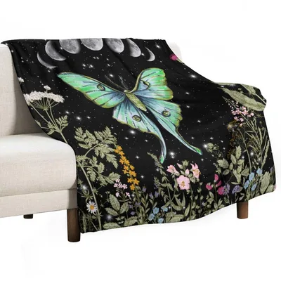 Luna Moth Gothic Botanical Blanket: Enchanted Night Flight