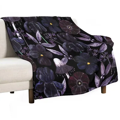 Gothic Purple Peony Flowers Blanket: Dark Floral Art with Mushrooms