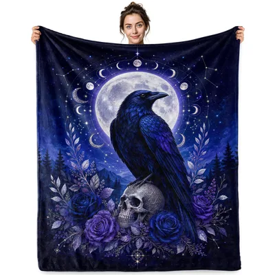 Raven Skull Moon Celestial Blanket featuring a mystical raven
