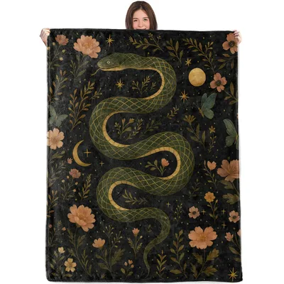 Mystical Green Serpent Moon Blanket: Gothic Snake and Floral Art