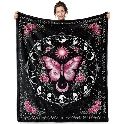 Witchy Butterfly Moon Phases Blanket: Gothic Floral Celestial Design