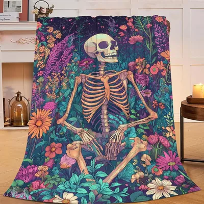 Skeleton Sitting Among Flowers Blanket: A Gothic Floral Throw