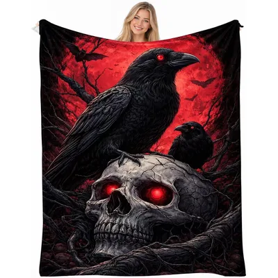 Raven Perched on Skull Blanket No. 2 – Raven Perched