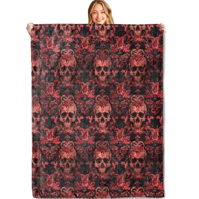 Gothic Red Skull Pattern Blanket: Dark Floral Damask Design