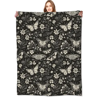 Moths and Flowers Gothic Blanket: Vintage Insect and Floral Pattern
