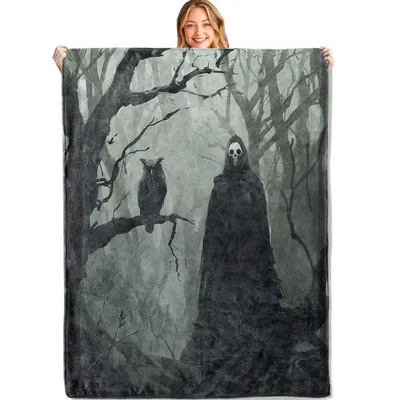 Hooded Figure with Owl Blanket: Grim Reaper in Misty Woods