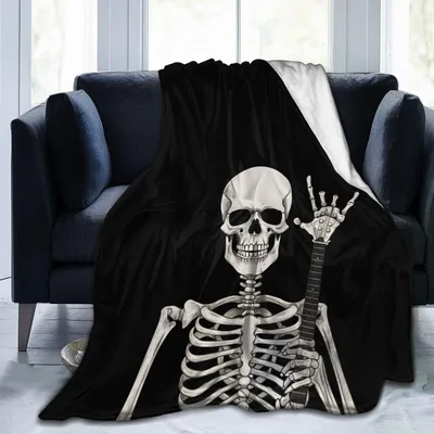 Skeleton Rock Hand Boho Blanket featuring a skull playing guitar