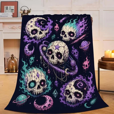 Skulls and Crescent Moons Blanket: Cosmic Skull Art for Gothic Style