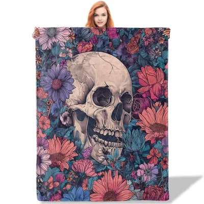 Skull and Flowers Art Blanket: Gothic Floral Skull Design