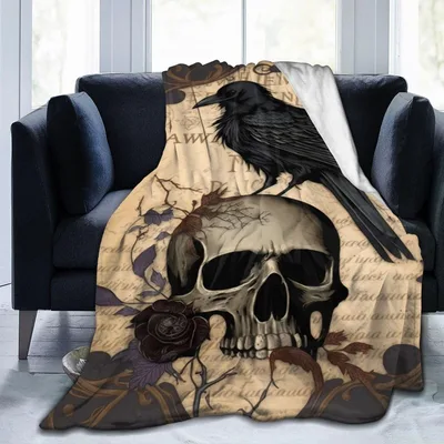 Raven and Skull Gothic Design Blanket for Dark Aesthetic Lovers