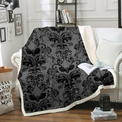 Black Damask Gothic Pattern Blanket with Bats and Victorian Flourishes