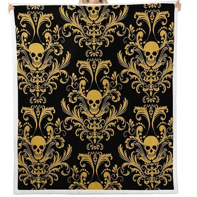 Gothic Damask Skull Pattern Blanket: Victorian Baroque Design