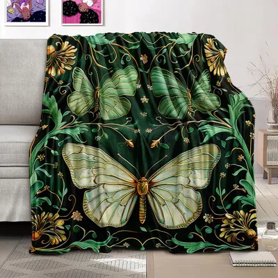 Green Butterfly Gold Ornament Blanket featuring detailed green moths